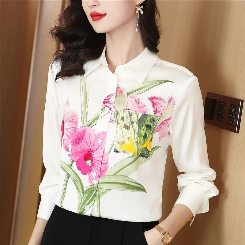 Elegant and Sophisticated Temperament Customized Printed Elastic Satin Long Sleeved Shirt Women\'s Spring New Style