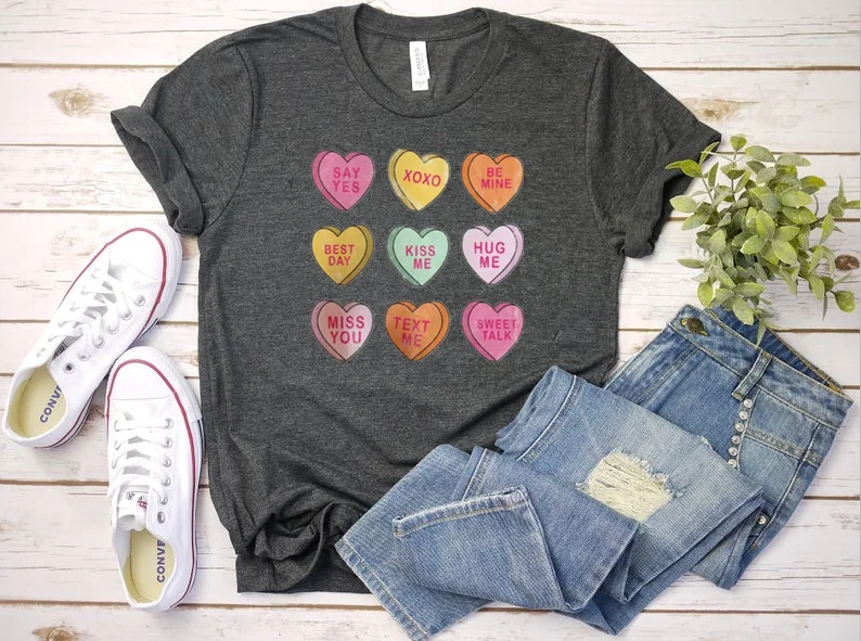 Valentines Conversation Hearts Valentines Groovy Retro Trendy womens V day Sublimation Short Sleeve Top Tees O Neck harajuku
