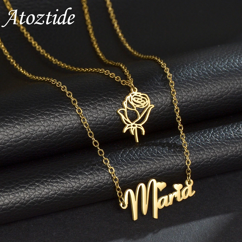 Atoztide Custom Name Necklaces Rose Shape Personalized Stainless Steel Bottom Decoration Pendant Heart Letter for Women Jewelry