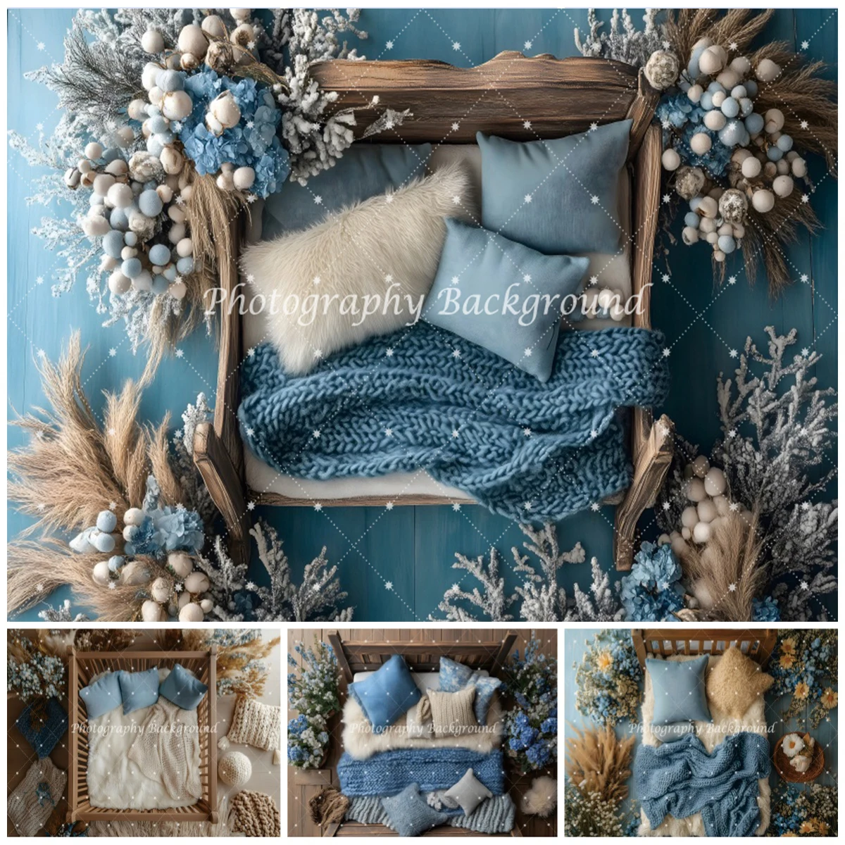 

Newborn Sleepy Portrait Backdrop Boho Style Wooden Bed Blue Floral Baby Shower Birthday Party Decor Backgrounds for Photographs