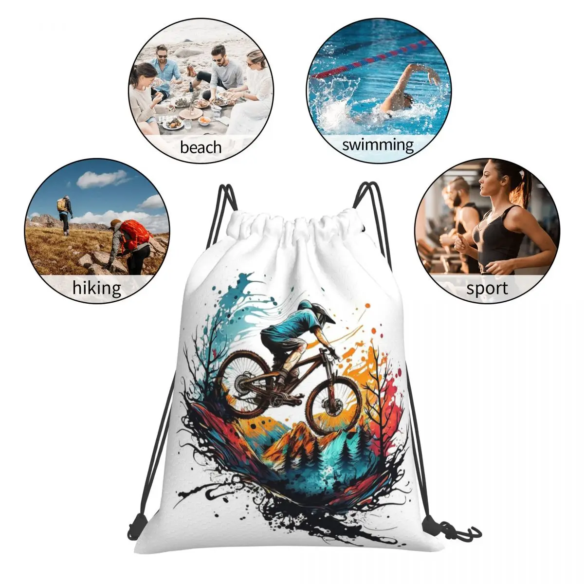 Riding The Mountain Trails Backpacks Casual Portable Drawstring Bags Shoes Bag Book Bags For Travel Students