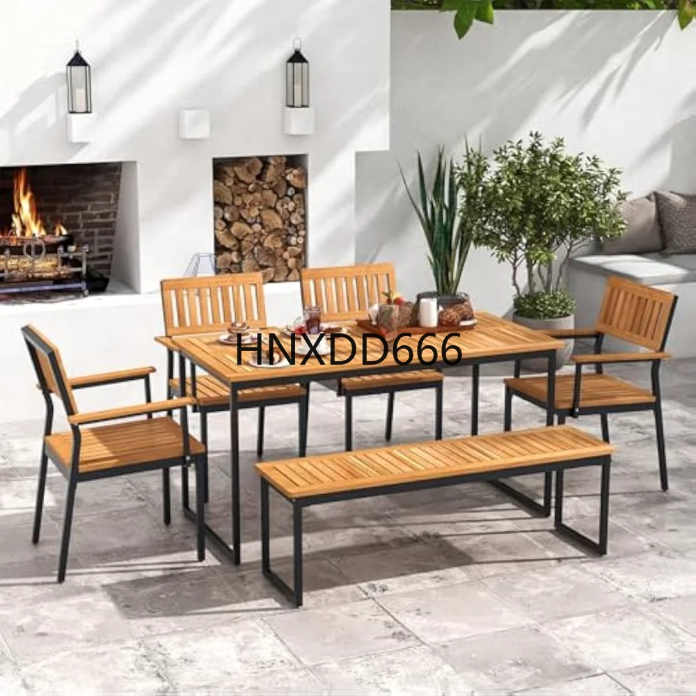 6 Pieces, Patio Table and Chairs Set with Bench for 6-7 People, Furniture Set with 2" Umbrella, Outdoor Tables