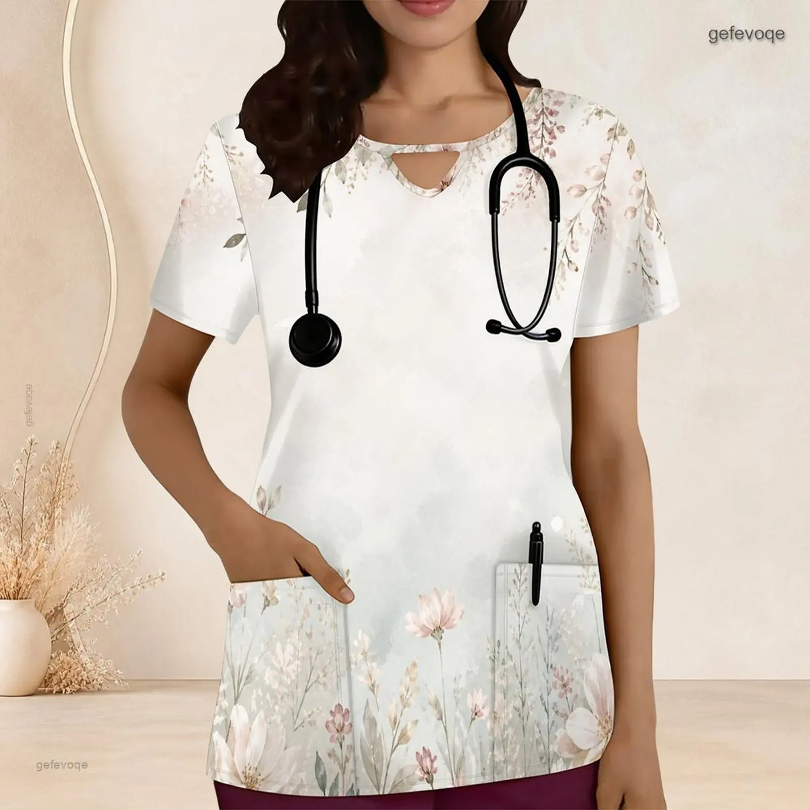 Printed Scrub Top for Women Keyhole Neck Short Sleeve Front Pockets