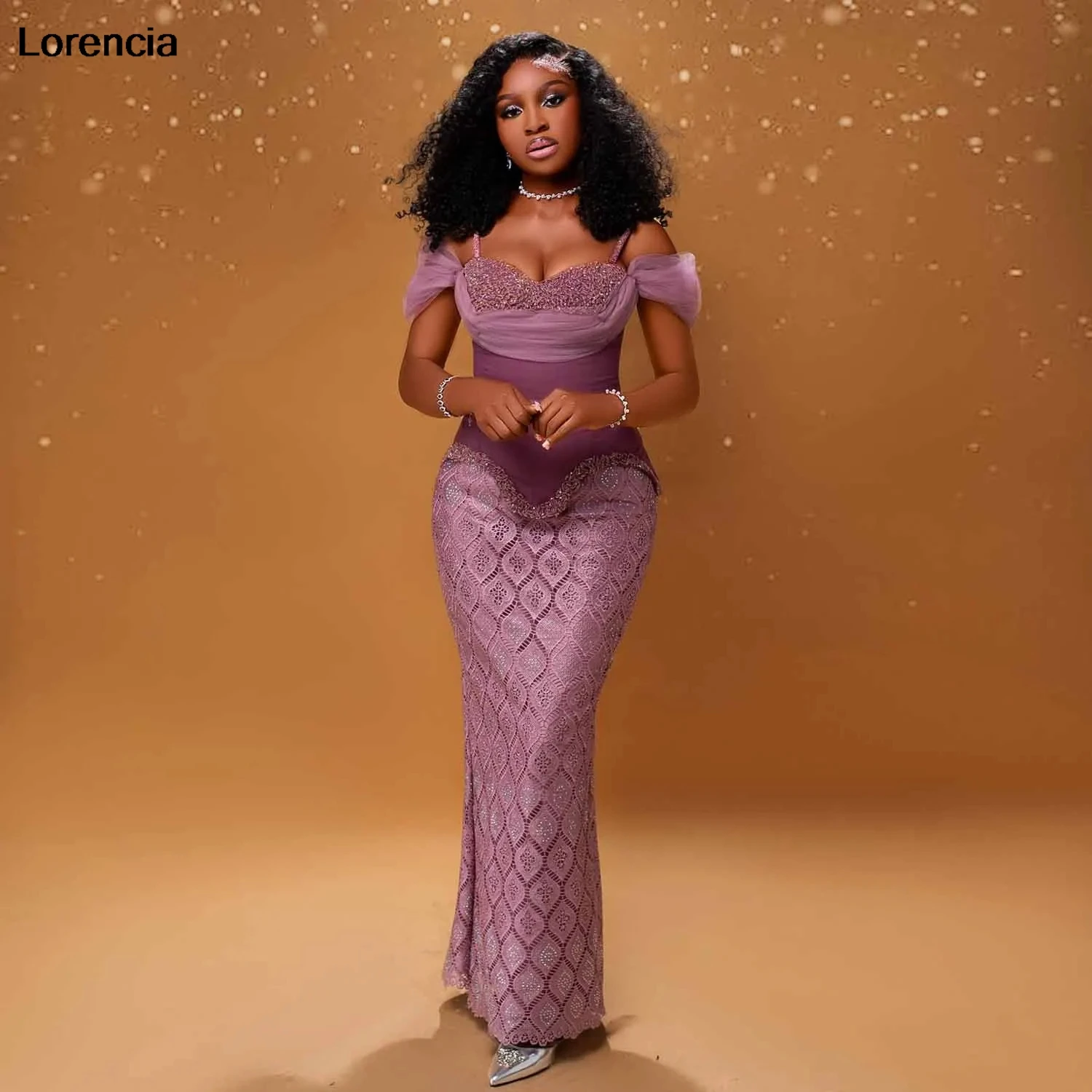 

Lorencia Customized African Lace Evening Dress Purple Beaded Long Party Dress Nigerian Aso Ebi Birthday Dress Formal Gown YPD202