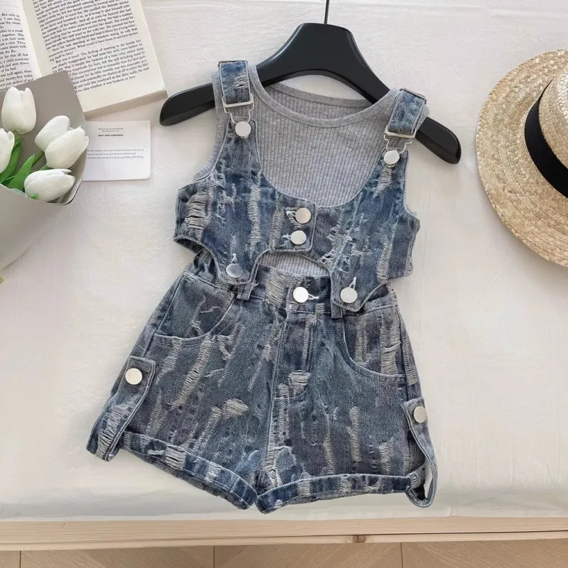 

TOY-Girls' Summer Overalls Set2025New Stylish Vest Fashionable Distressed Jeans Shorts Three-Piece Set