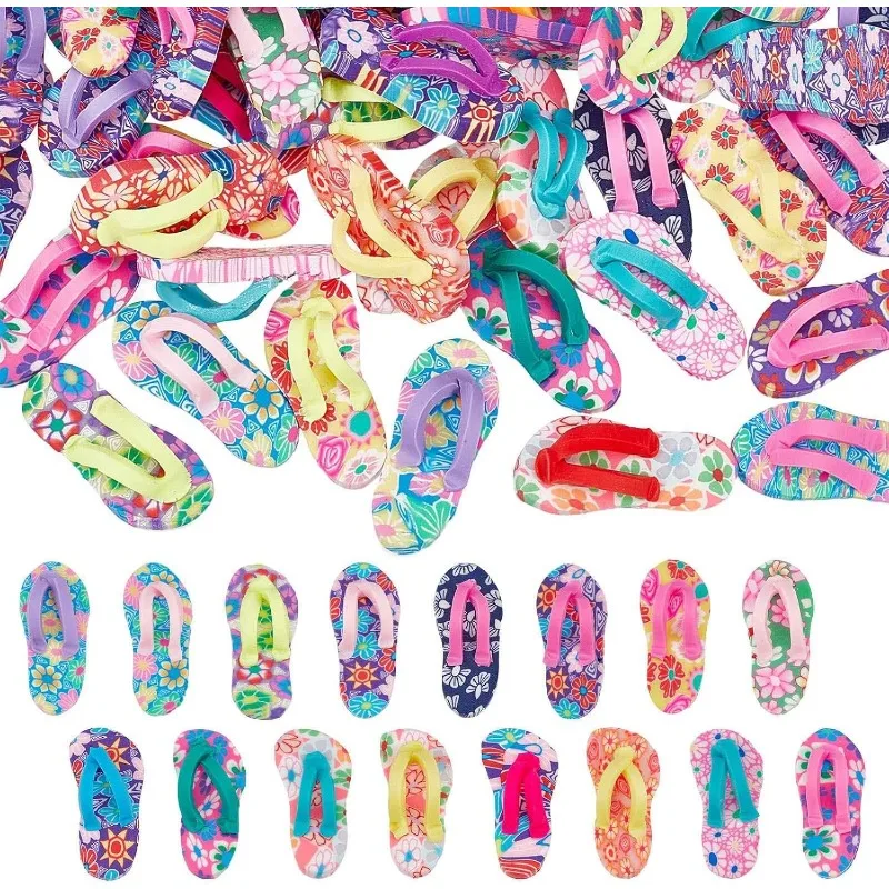 50Pcs Flip Flop Charms Polymer Clay Cabochon Handmade Flower Printed Slipper Ornament Flat Back Cabochons Miniature Flip Flops