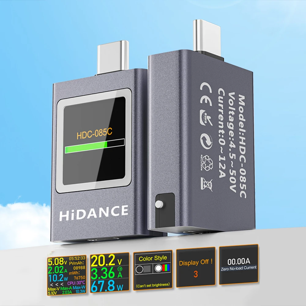 DC 4.5-50V 12A Multi-function Digital Display DC Voltage Ammeter Power Meter Type-c Cell Phone Charging PD3.1 Tester Detector