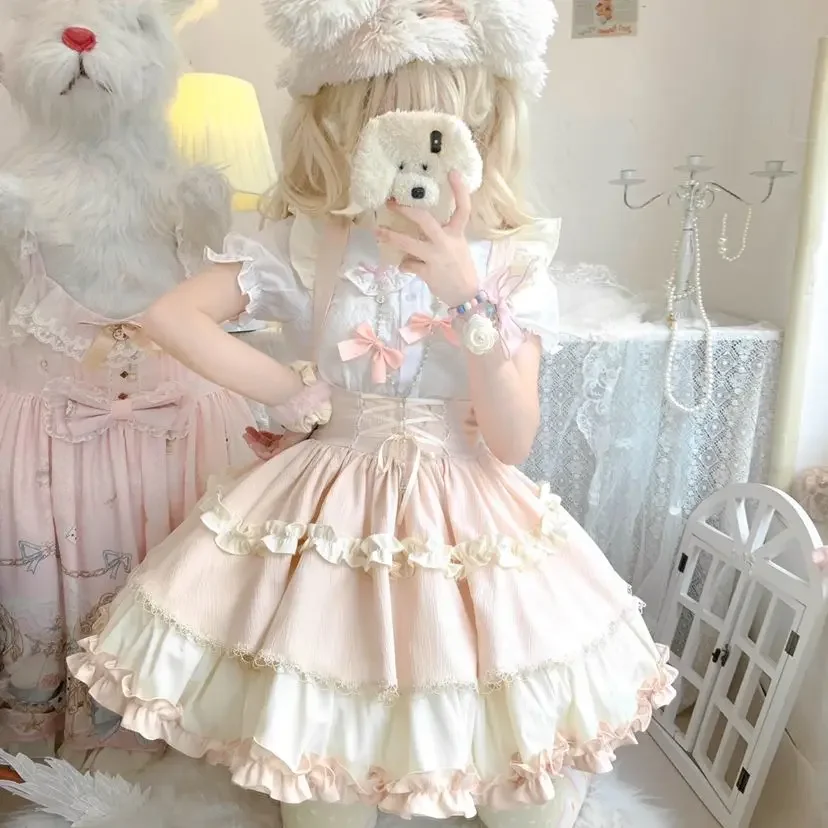 Japanese Kawaii Lolita Jsk Y2k Skirt Small Idol Gothic Black Short Skirt Women Sweet Bow Ruffles Bandage High Waist Strap Skirts