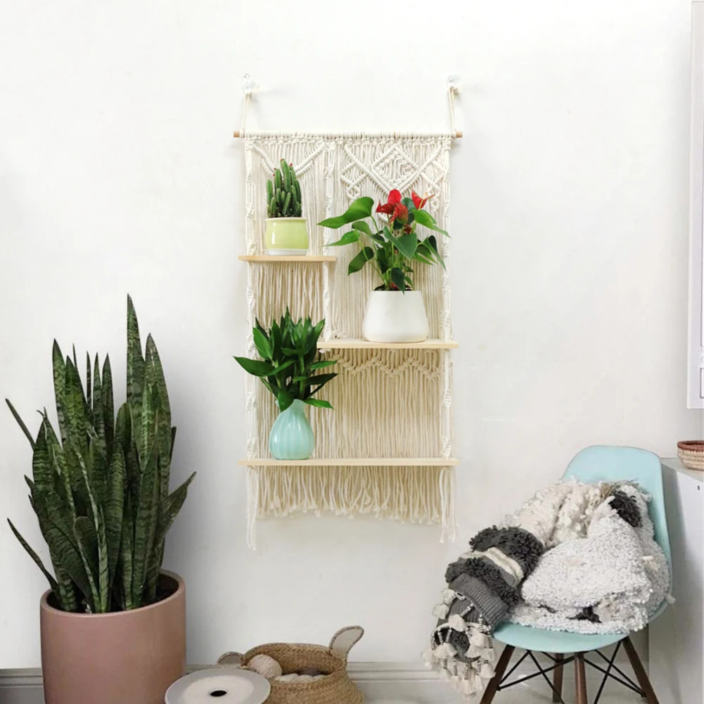 3 Tier Macrame Wall Hanging Shelf Decorative Bohemian Floating Plants Room Storage Shelving Macrame Rope For Home Storage