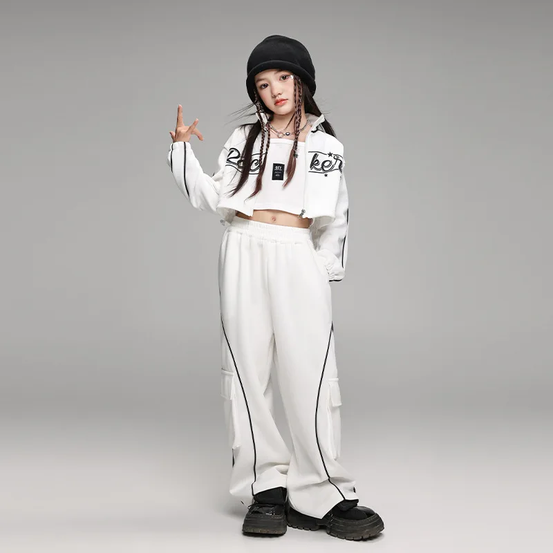 Kids Cool Hip Hop Kleding Wit Zip Up Crop Jasje Top Casual Zakken Brede Joggingbroek voor Meisje Jazzdans Kostuum Kleding