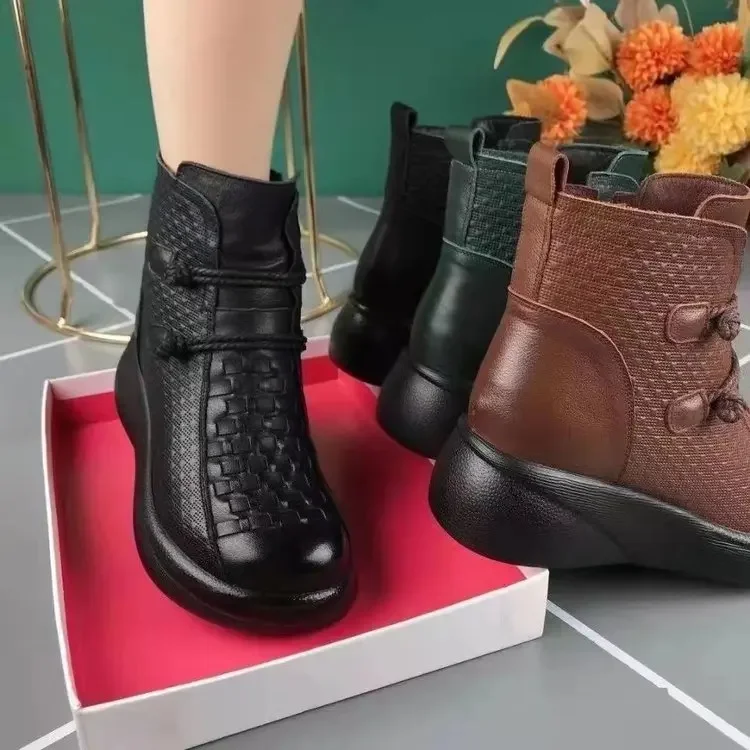 Women\'s Round Toe Short Boots Autumn Winter Soft Sole Plush Ethnic Style Retro Thick Bottom Round Head Solid Color Shoes