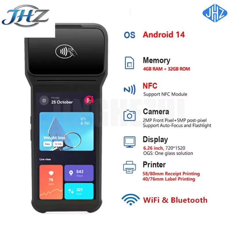 JHZ for Z93 Handheld Android Cash Register 6.26 '' IPS Touch Screen Billing POS Terminal With 80mm Thermal Receipt Printer NFC S