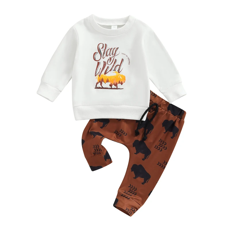 Baby Boy Clothes Sets Infant Letter Print Long Sleeve Sweatshirts Tops and Cow/Cowboy Hat/Cattle Head Print Long Pants 2Pcs Suit