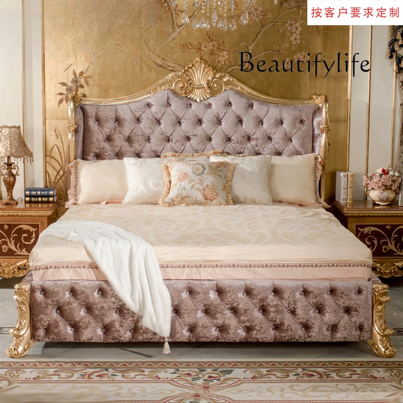 Nordic luxury high-end retro furniture, solid wood hand-carved bed European fabric bed