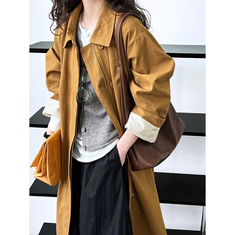 

Trench Coat for Women Single Breasted Long Trench Coat Spring 2024 Long Sleeve Temperament Female Windbreaker Top with Sashes