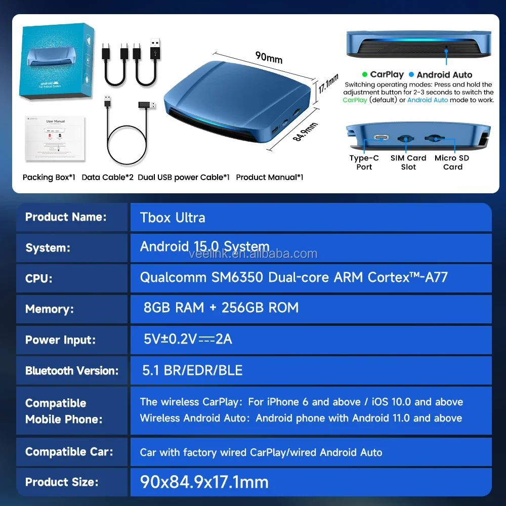 En stock carlinkit ultra Android 15 Tbox Carplay Ai Box 8g 256gb 5g 2.4g 2160p SM6350 Tv voiture jouer Aibox pour adaptateur sans fil