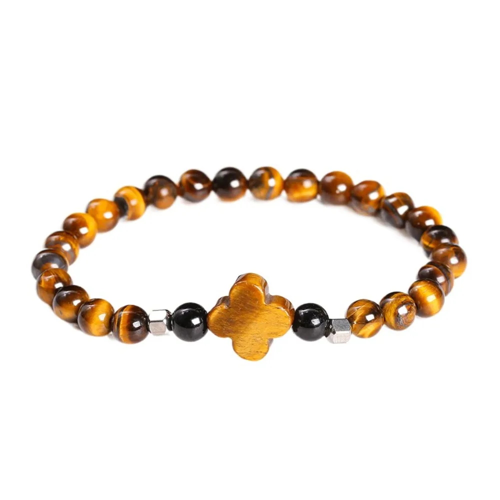 Elastic Yellow Tiger Eye Stone Bracelets Classic Neo-Chinese Style Lucky Clover Bracelet Chic Jewelry Ethnic Beaded Bangle