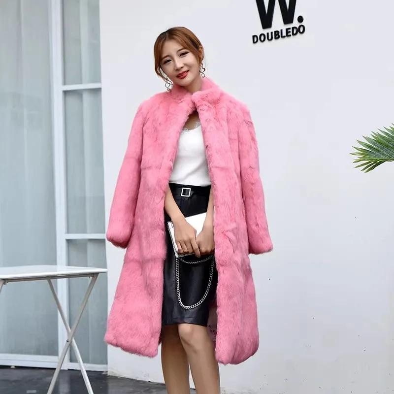 New fashion women long rabbit fur coat ladies genuine real natural 100CM long jacket outwear over coat custom any size F1978