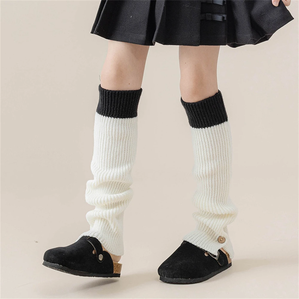 Girls' Pile Socks Stitching Color Retro Autumn Winter Split Button Foot Covers Women's Soft Knitted Long-tube Warmth Leg Warmers