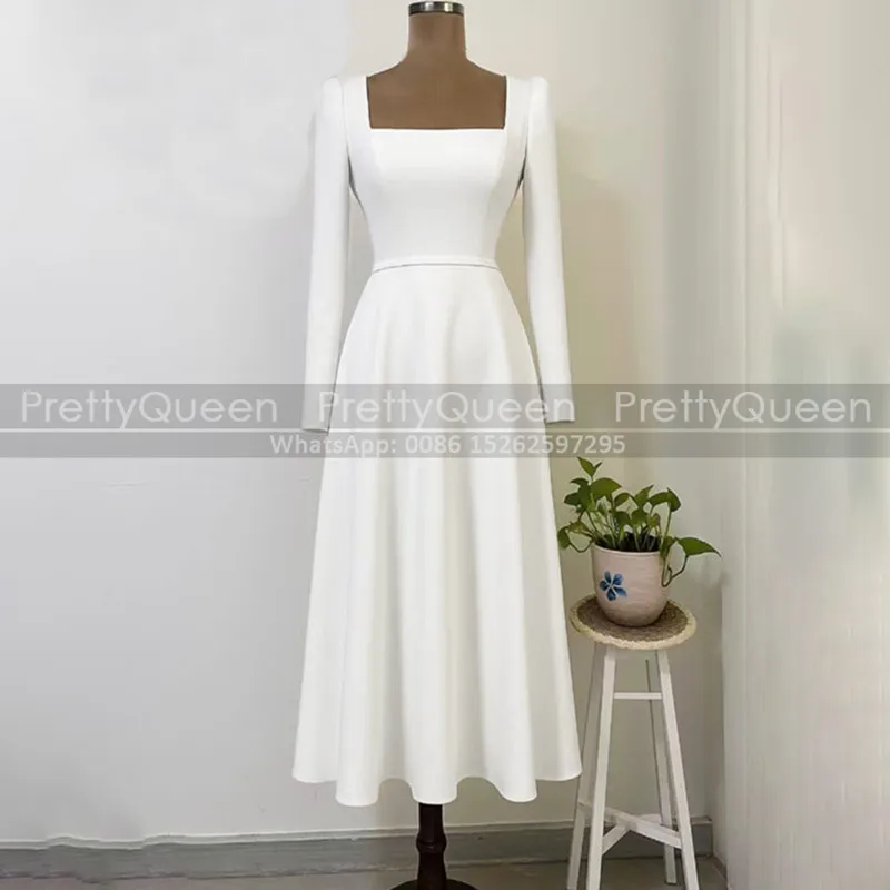 

Tea Length Beach Wedding Dress With Long Sleeves A Line Square Neck Customized White Bohemia Bridal Dresses