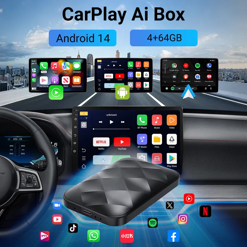 Acodo 2025 Android 14 3In1 CarPlay Ai Box Wireless Android Auto USB Adapter For Youtube Netflix Universal TV Box Plug And Play