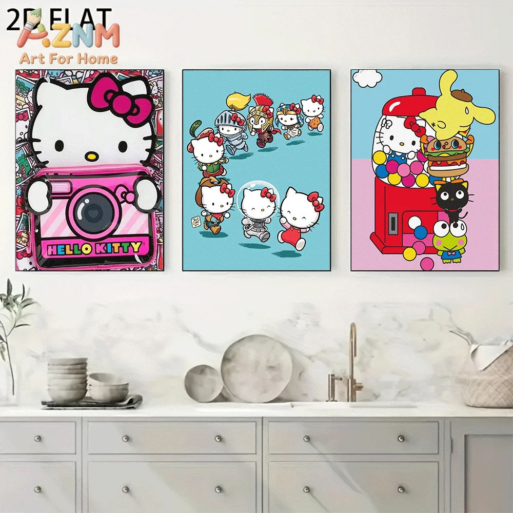 AZNM Hello Kitty Canvas Wall Art Unframed Cute Cartoon Print Poster Camera Warrior Gumball Machine Sanrio Friends Design for Gir