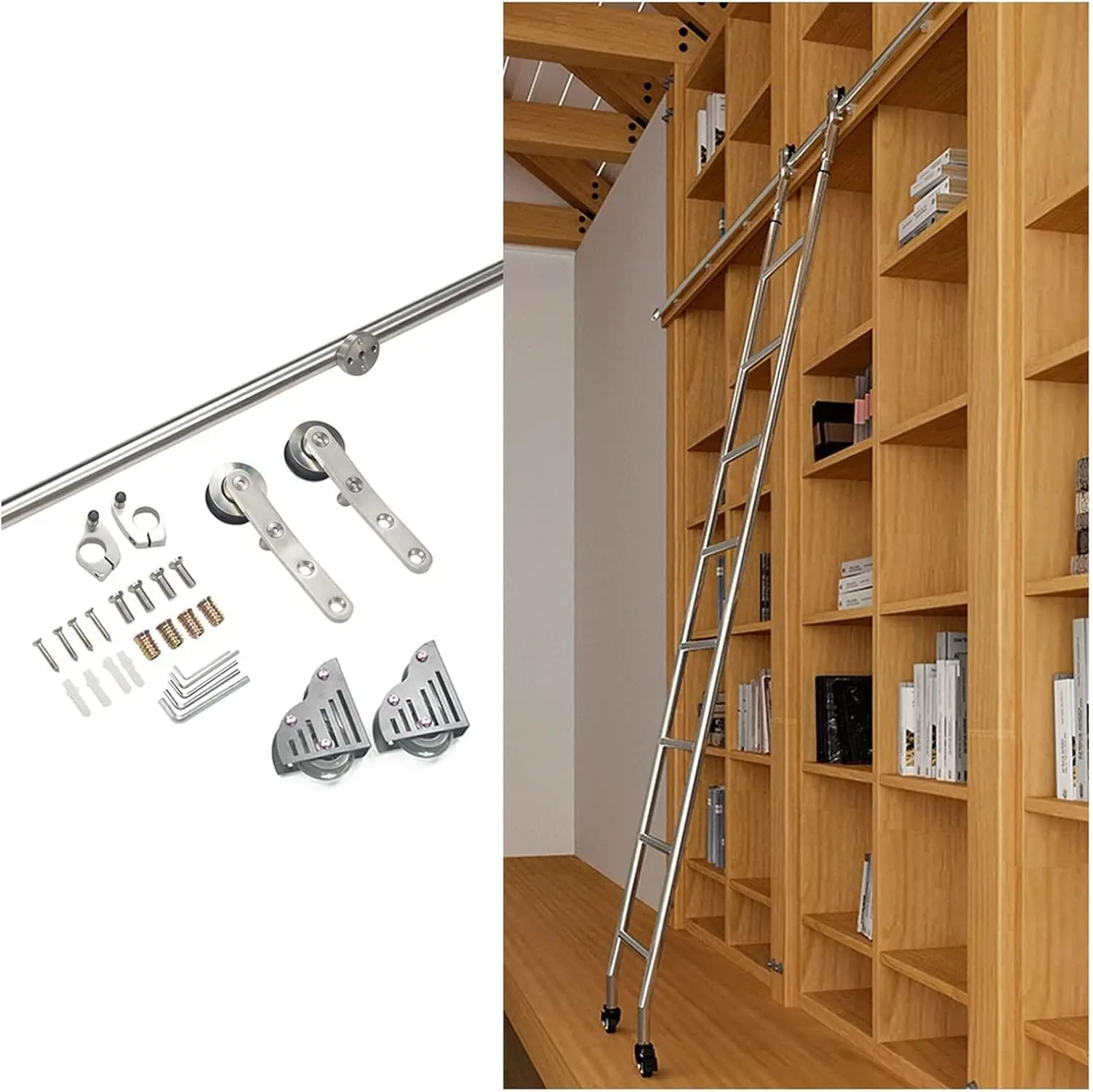 4Ft-20Ft Stainless Steel Sliding Barn Door Kit Hardware - Stainless Steel Round Tube Mobile Ladder Track (No Ladder) W/Floor