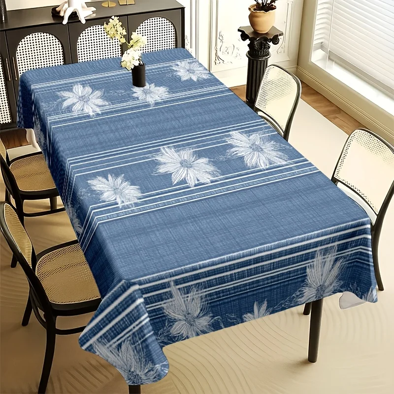 Blue Striped Floral Tablecloth, Blue Base With White Daisy & Line Print, Rectangular Table Cover for Dining Kitchen Home Decor