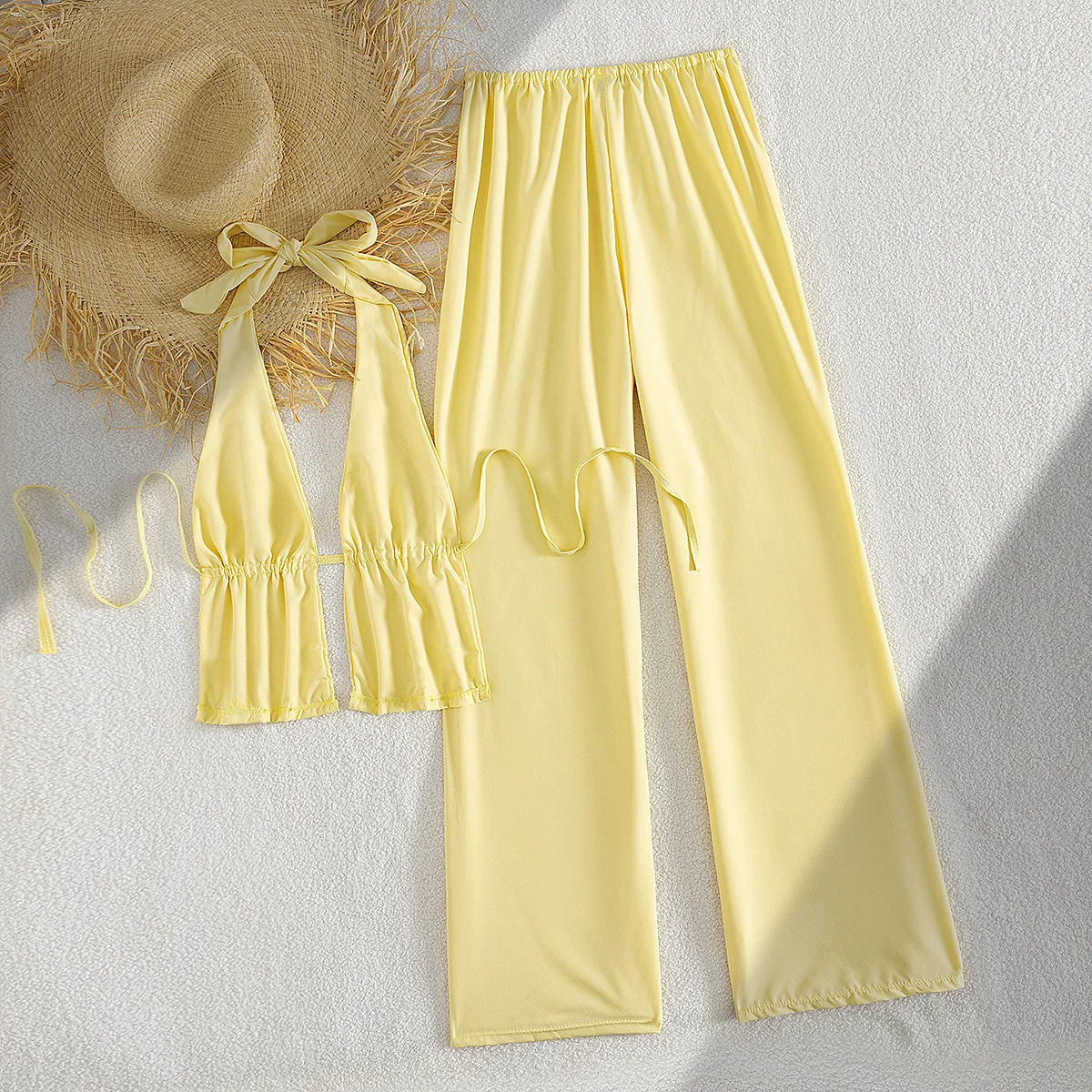 2‑Pcs Halter Bikini Set Solid Yellow Ruffle Top Elastic Waist Wide Leg Pants Bathing Suit For Beach Pool Brazil Summer Swimwear