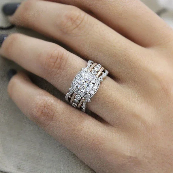 Hot Sale S925 Sterling Silver Ring New 14k Rose Gold Square Diamond Princess Ring Diamond Set Engagement Jewelry For Women 2