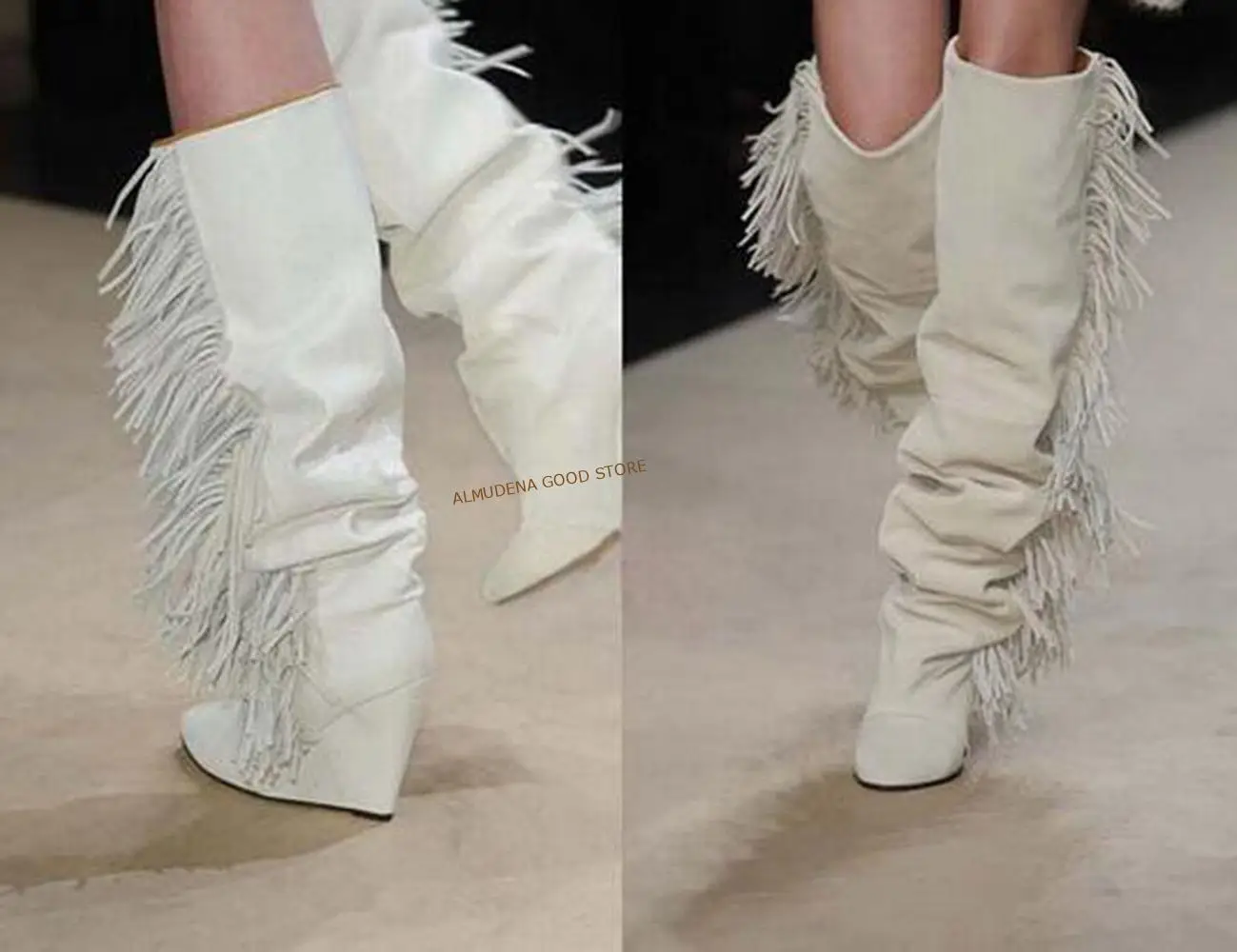 ALMUDENA Women Knee High Suede Fringe Boots Black White Wedged Tall Boots Brand Fashion Women Motorcycle Tassel Boots Dropship