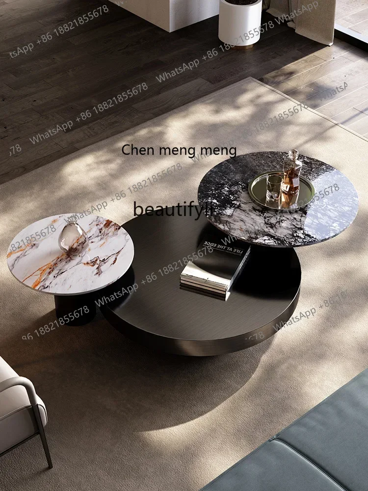 X لوحة حجرية إيطالية حجم طاولة القهوة مزيج ضوء دائري غرفة المعيشة الفاخرة ما بعد الحداثة الحد الأدنى الفولاذ المقاوم للصدأ