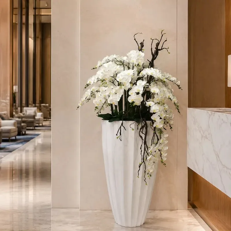 Luxury Faux White Orchid Flower Arrangement Set in Designer Pots for High End Residential and Commercial Interiors