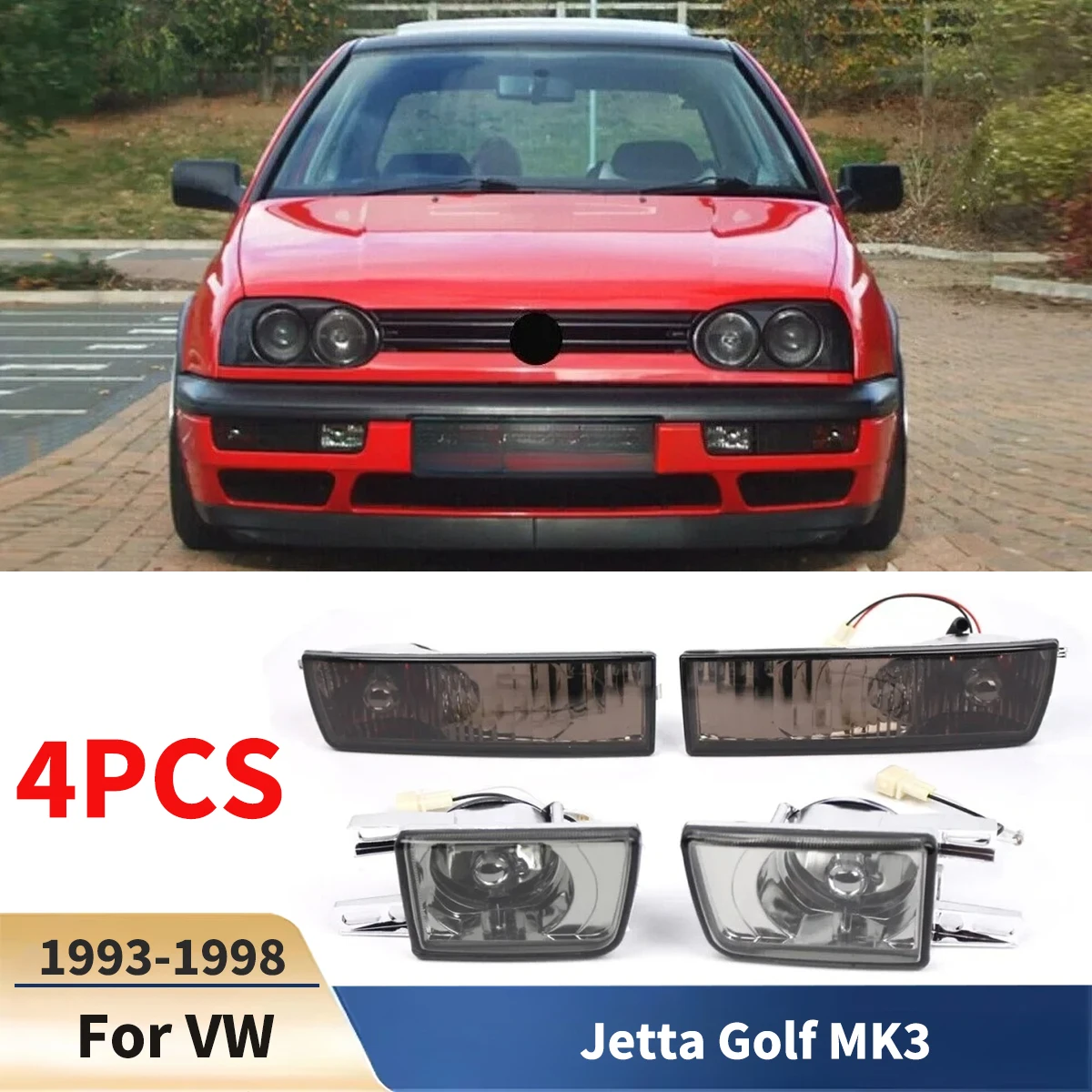 For VW Jetta Golf MK3 1993 1994 1995 1996 1997 1998 4PCS Set Car Smoked Front Bumper Fog Light + Turn Signal Lamp Body Kit