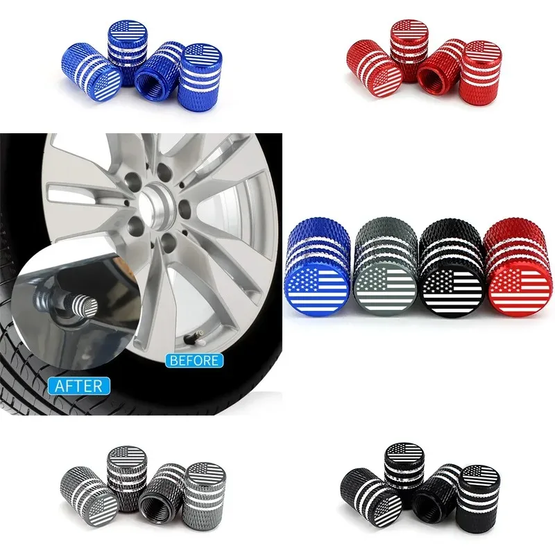 4pcs Valve Stem Caps American Flag Aluminum Auto Tire Air Rubber Ring Dustproof Universal Fits Cars Trucks Motorcycles Bicycles