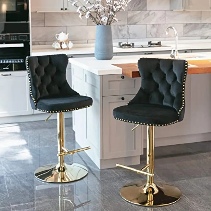 

PacknWood Golden Swivel Velvet Barstools Adjusatble Seat Height from 25-33" with Comfortable TuftedModern Upholstered Chrome Ba