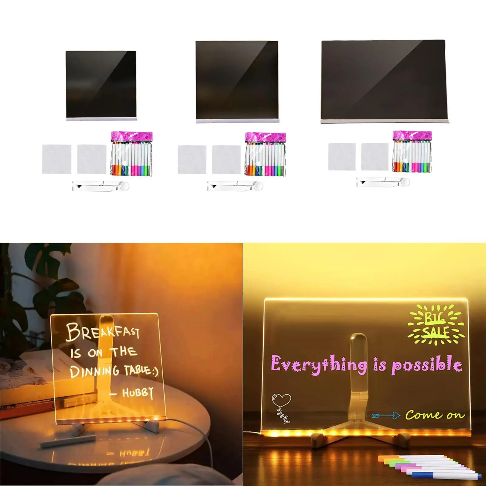 لوح مسح جاف من الأكريليك مع مصباح ليلي خفيف ولوحة رسائل قابلة لإعادة الكتابة مع لوحة ملاحظات ملونة للمدرسة والمكتب المنزلي