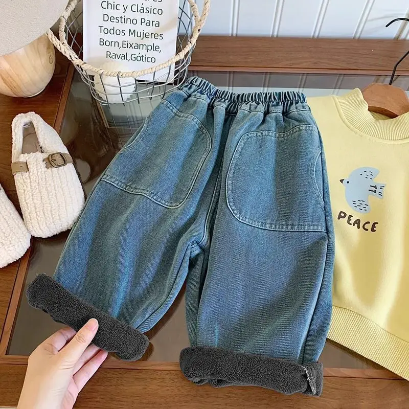 Children's Fleece Jeans Autumn and Winter Fleece Style Casual Versatile Loose Straight Leg Pants for Male and Female Babies