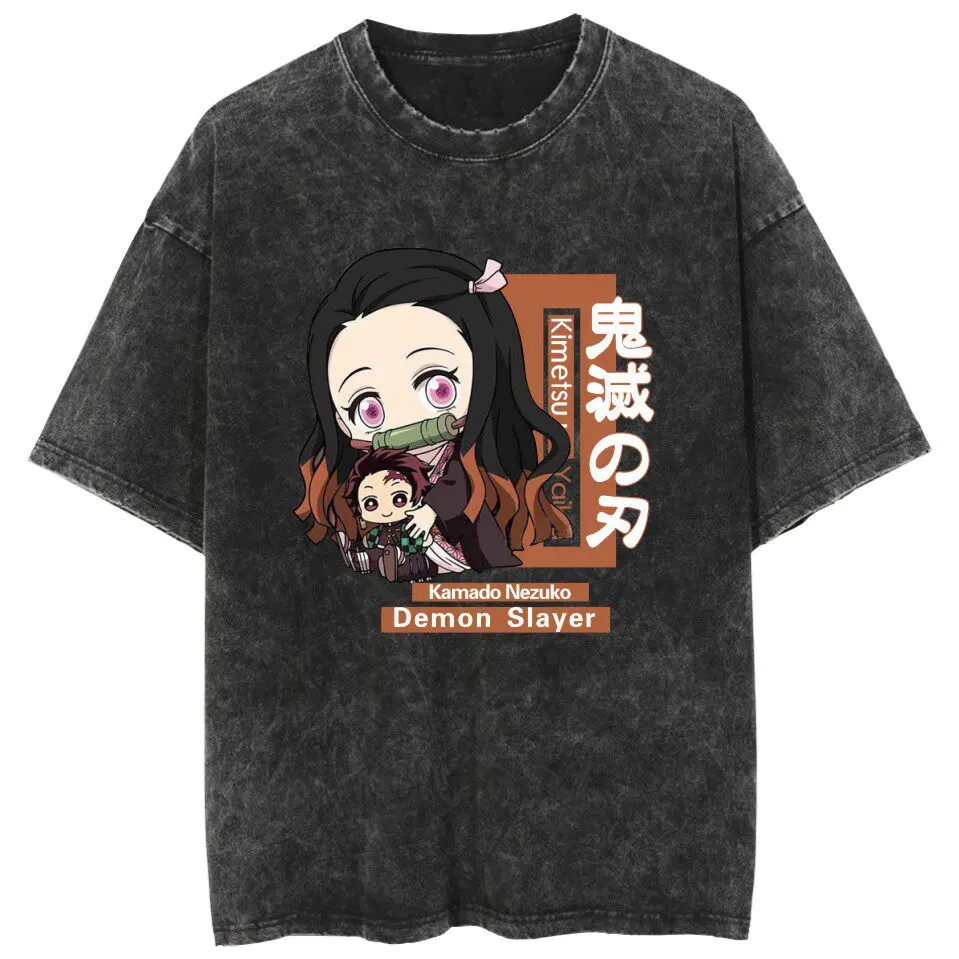 

Streetwear Demon Slayer Vintage Washed Graphic T-Shirt Men Women Cotton Short Sleeve Anime Graphic Tee Casual Top Y2k Clothes