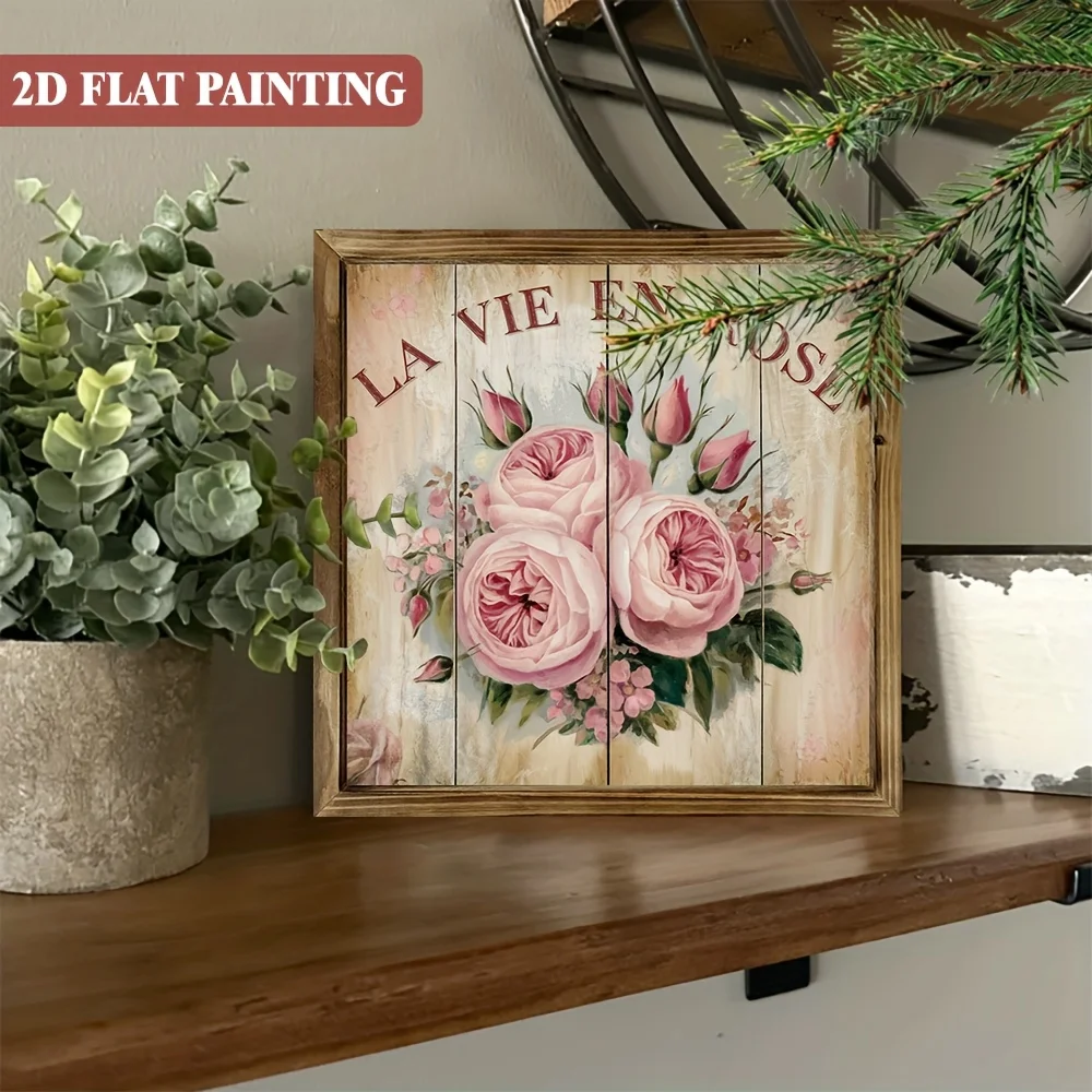 

Vintage 'La Vie en Rose' Wooden Art Sign - Framed Pink Rose Decor for Home, Kitchen, Garden, Office - Perfect Gift 8x8 Inc