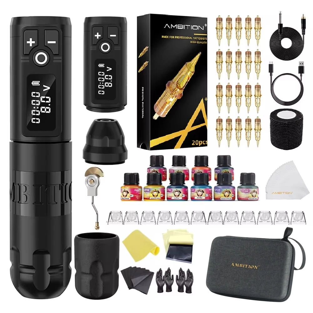 Ambition Soldier 2400mAh Machine à tatouer rotative sans fil professionnelle Kit complet avec cartouche de tatouage encre pigmentée