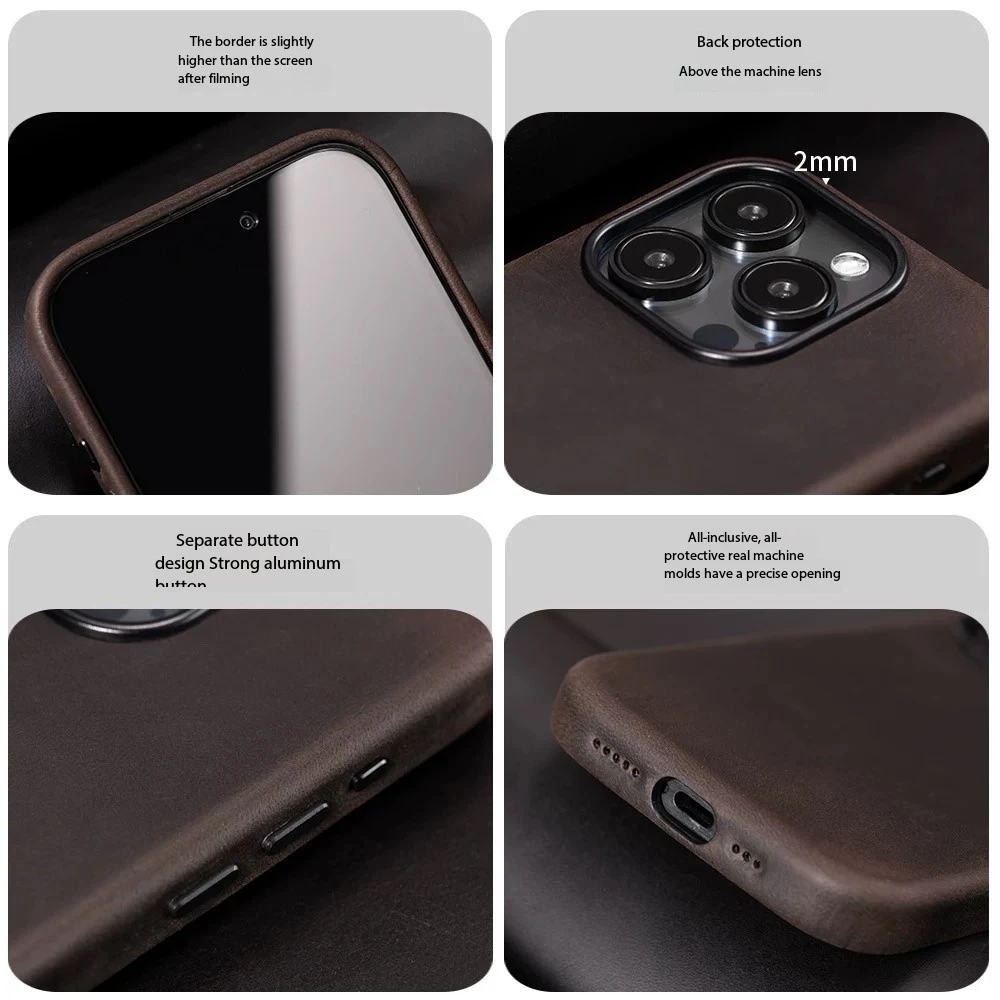 Włoskie etui z prawdziwej skóry Crazy Horse do iPhone 16 15 17 18 Pro Max, magnetyczne etui z naturalnej skóry z funkcją MagSafe. — zdjęcie produktu 5