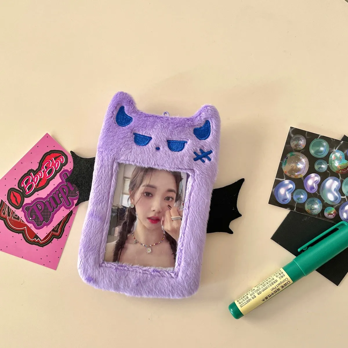 New Arrival Kawaii Little Purple Devil Plush Photocard Holder Photo Bus Card Protective Cover Case Bag Pendant Stationery