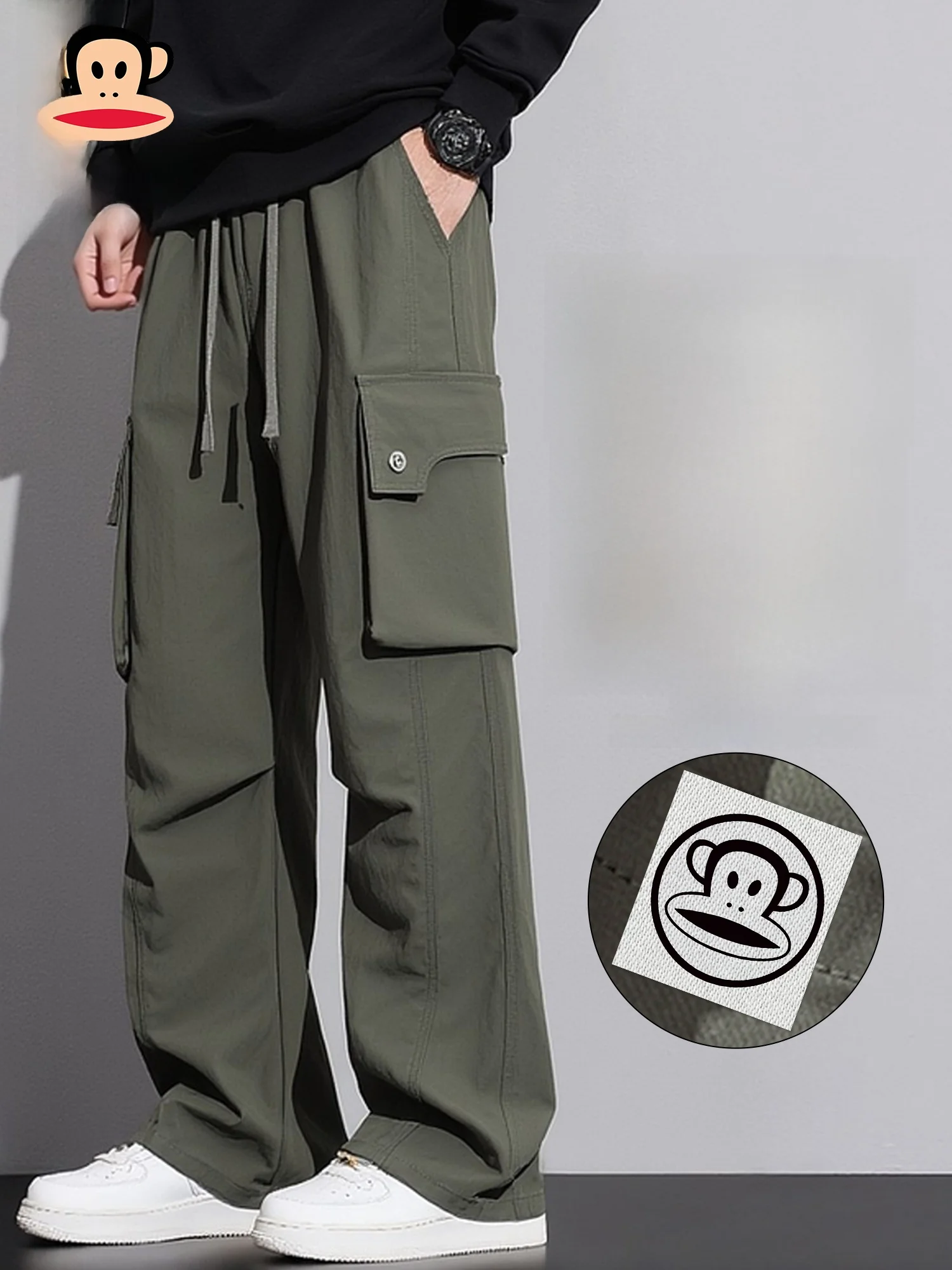 

PaulFrank Military een Work Pants Men's Casual Straight Leg Trousers Spring Trendy Brand Big ket Loose Fit Polyester Fiber