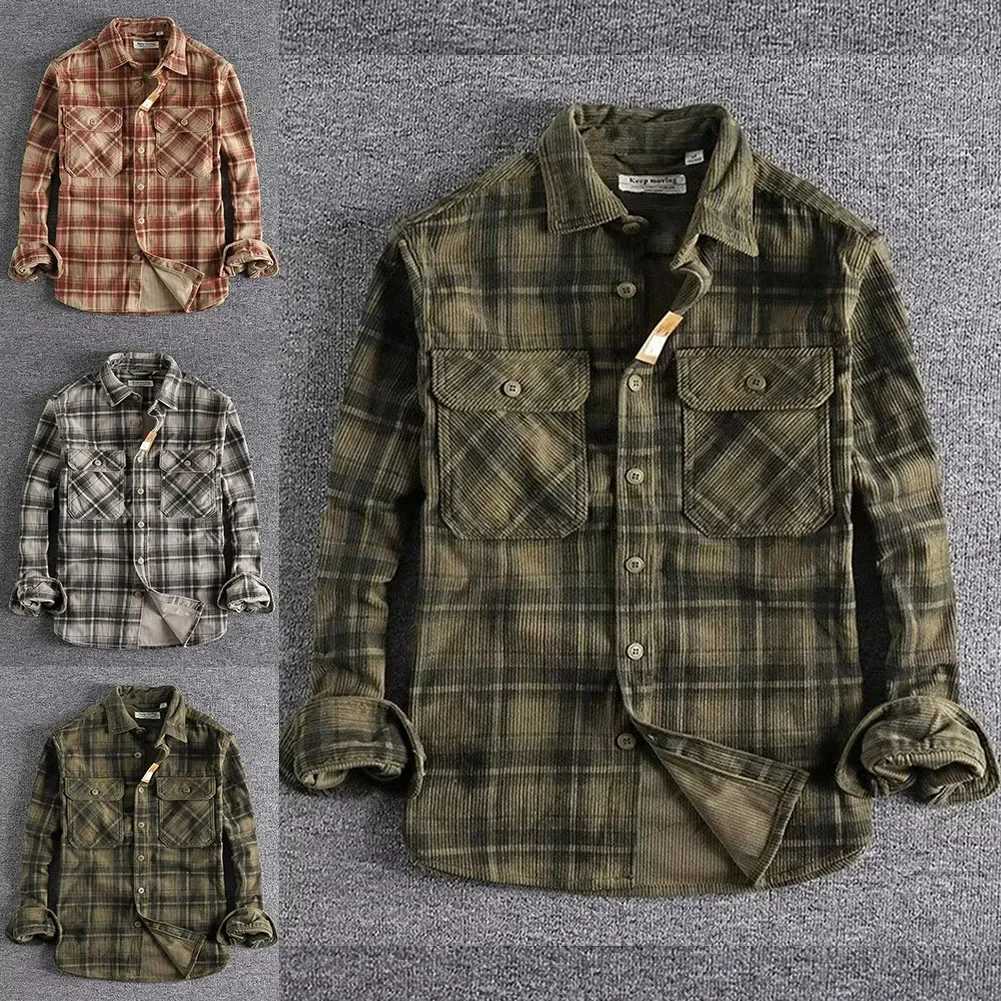 

Fashion Mens Classic Plaid Shirts Washed Corduroy Thick Autumn Spring Long Sleeve Comfortable Shirt Coat Men Clothing