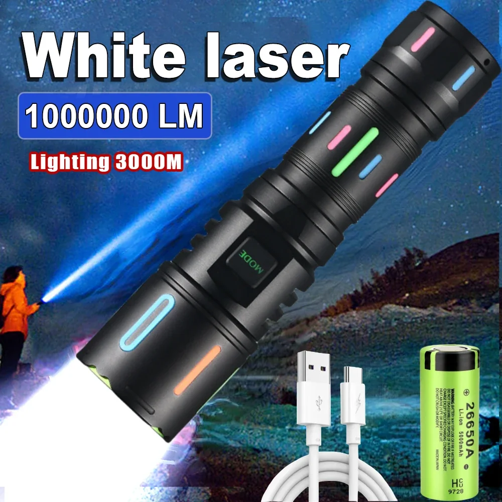 

Мощный белый лазерный светодиодный фонарик с возможностью масштабирования, перезаряжаемый тактический фонарь типа C для наружного кемпинга, рыбалки, аварийный фонарь