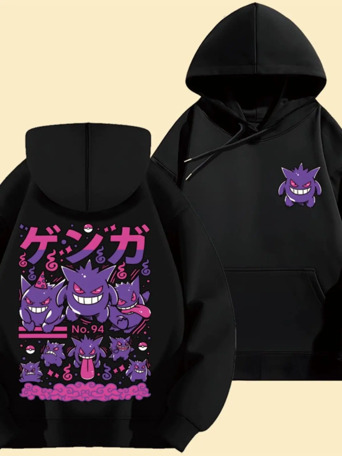 Pokémon Cartoon Gengar Printed Cotton Hoodie for Men and Women Autumn and Winter New Y2K Harajuku Large Size Casual Sweater Top
