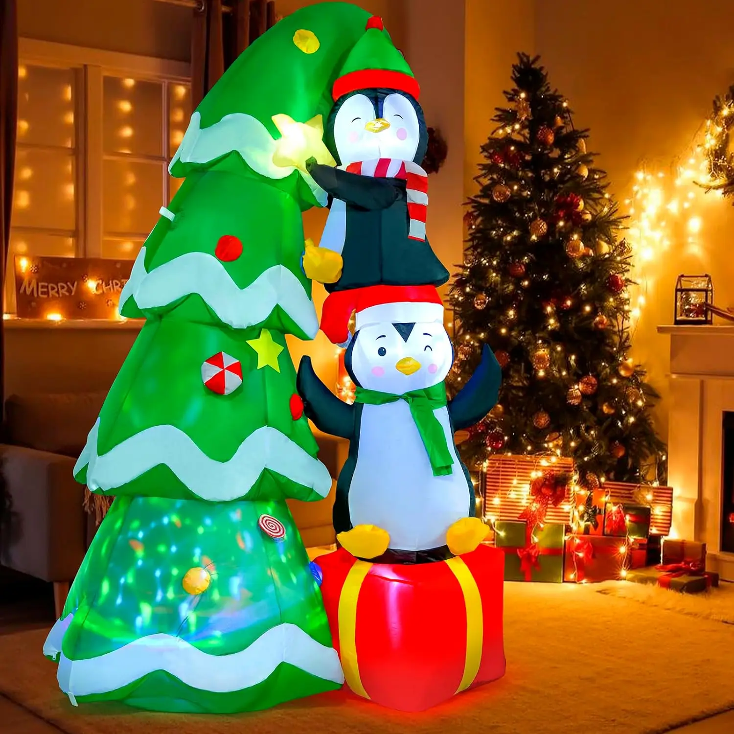 7FT Inflatable Christmas Tree Outdoor Decorations Blow up Christmas Tree with Penguins Yard Decorations LED Outdoor Party Toys