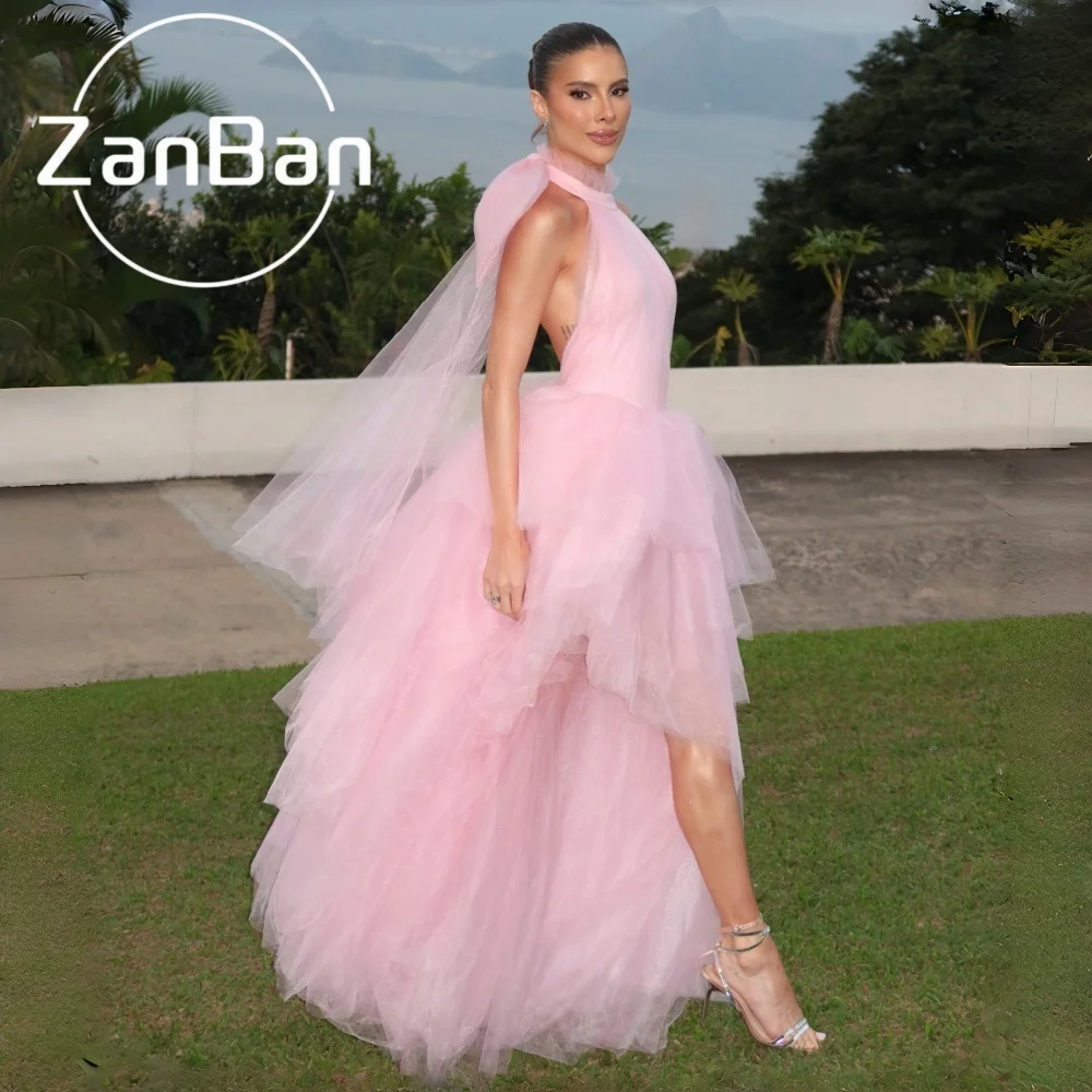 ZanBan Pink Party Dress with Bow Neck Prom Dress A Line Evening Dress with Layers Princess Dress Robes De Soirée Customized