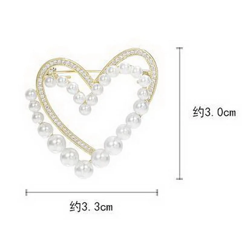 Einzigartige Doppels chicht Herz Broschen für Frauen elegante Strass Imitation Perle Herz Stifte Pullover Strickjacke Schnalle Schmuck – Detail 1
